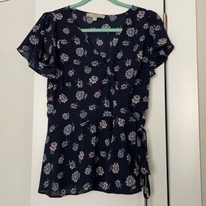 Navy floral wrap top with flutter sleeves LOFT